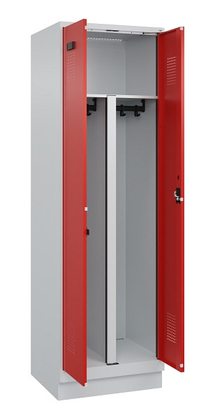 C+P PSA Schwarz-Weiß-Spind Evolo PLUS, mit Sockel, 2 Abteile, 1950x600x500mm, 70, Frontfarbe RAL 3020 Verkehrsrot, Zylinderschloss, 049022-20P S10032