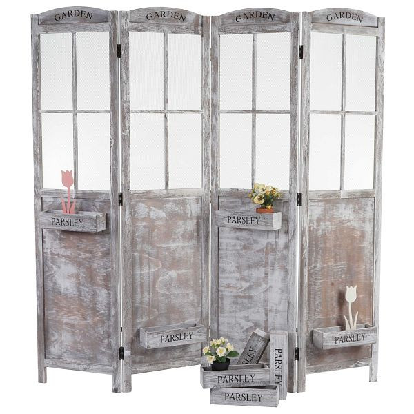 Mendler Paravent HWC-M66, Raumteiler Trennwand Sichtschutz, Pflanzkörbe 4 Paneele, Shabby-Look 170x180x22cm, braun-grau, 101598+101599