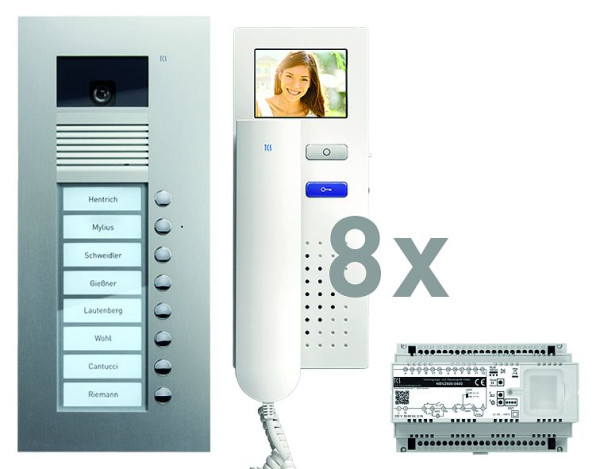 TCS Türkontrollsystem video:pack UP für 8 Wohneinheiten, mit Außenstation AVU 8 Klingeltasten, 8x Video Türtelefon IVH3222, Steuerung, PVU1680-0010