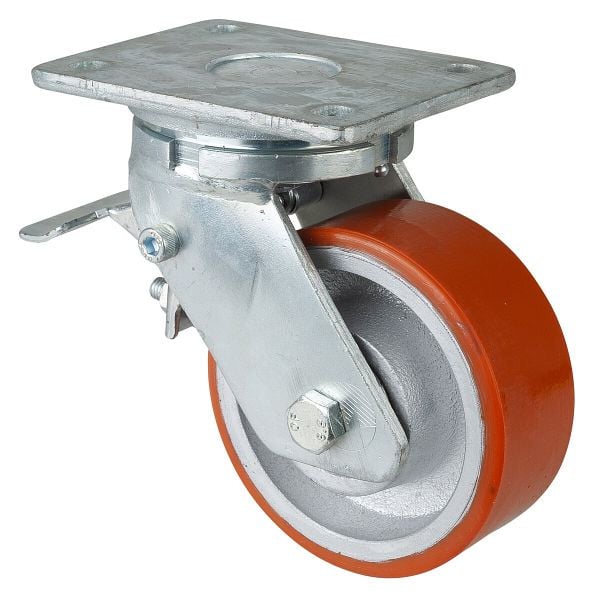 BS Rollen Schwerlastrolle mit Rad-/Feststeller, Breite 50 mm, Ø125 mm, bis 550 kg, Guss-Polyurethan 95 Shore A, Körper Guss, Kugellager, RR120.C10.125