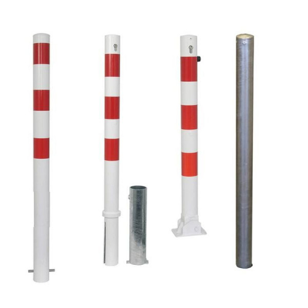 Stein HGS Absperrpfosten -Bollard- Ø 76 mm, mit, Sicherungskarte, Schließung oben, zum Aufdübeln, weiß mit 3 rot reflektierenden Streifen, 3 Ösen (90°), 476uz-470.58b-3