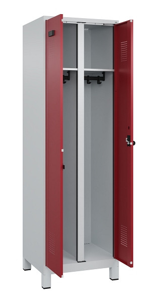 C+P Schwarz-Weiß-Spind Evolo PLUS, mit Füßen, 2 Abteile, 1950x600x500mm, 7035/3, Frontfarbe RAL 3003 Rubinrot, Drehriegel, 049012-20 S10004
