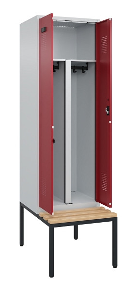 C+P PSA Doppel-Spind Evolo PLUS, Bank, 2 Abteile, 2120x600x815mm, 7035/3003, Zylinderschloss, Sitzfläche Buche-Hartholz, Sitzbank, 0490527-20P S10031