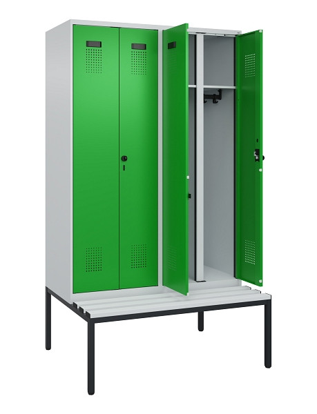 C+P Schwarz-Weiß-Spind Evolo PLUS, Bank, 4 Abteile, 2120x1200x815mm, 7035/6037, Drehriegel, Sitzfläche Kunststoff, Sitzbank, 0490527-40 S10065