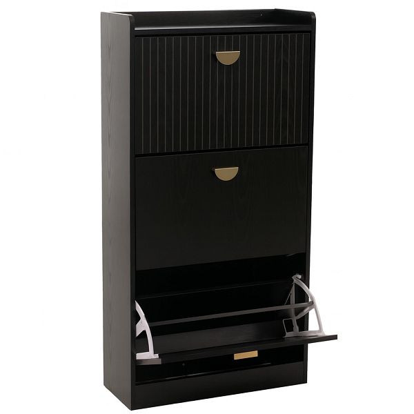 Mendler Schuhschrank HWC-O39, Schuhkipper Schuhregal 3 Klappen Klappfächer MDF Melamin Metall 117x60x24cm, Holzoptik schwarz, 112572