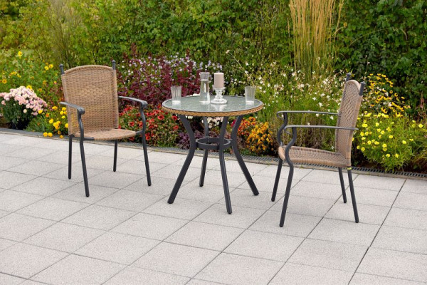 Merxx Roma Set 3-teilig, 2 Stapelsessel, 1 Tisch Ø 70 cm, matte Glasplatte, Graphit/Natur, Alumiuniumgestell mit Kunststoffgeflecht, 50738-211