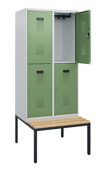 C+P Doppelstöckiger Spind Evolo PLUS, Bank, 4 Fächer, 1950x800x815mm, 7035/6011, Zylinderschloss, Sitzfläche Buche-Hartholz, Sitzbank, 0493505-22 S10037