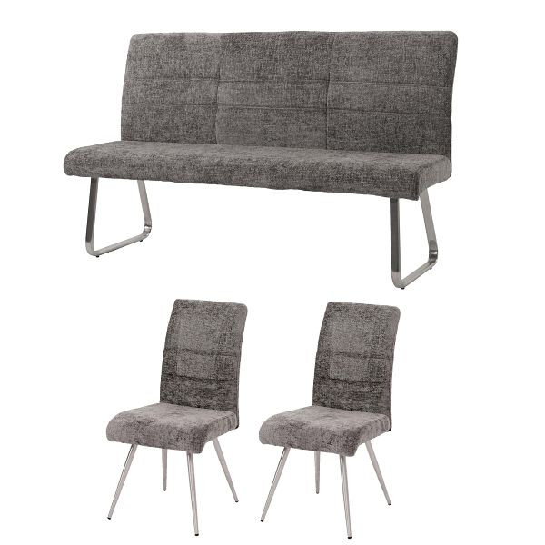 Mendler Esszimmer-Set HWC-G55, 2er-Set Stuhl + Sitzbank 160cm, Edelstahl gebürstet Stoff/Textil Chenille, dunkelgrau, 108107+108108