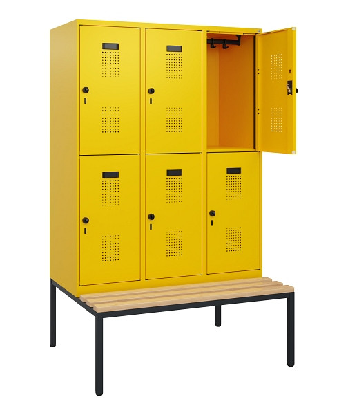 C+P Doppelstöckiger Spind Evolo PLUS, Bank, 6 Fächer, 1950x1200x815mm, 1023/1023, Drehriegel, Sitzfläche Buche-Hartholz, Sitzbank, 0493505-32 S10027
