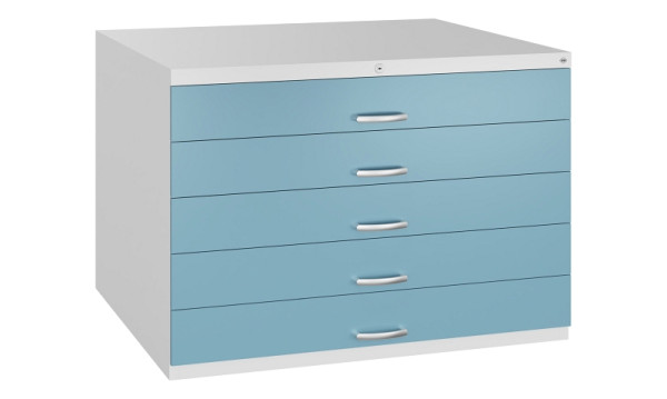 C+P Flachablageschrank Serie 7100_7200, H760xB1100xT765mm, 9016/0010, 5 Schubladenblenden doppelwandig, 7101-100 S10338