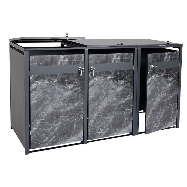 Mendler 3er Mülltonnenverkleidung HWC-J82, Mülltonnenbox, erweiterbar, Metall 80kg, anthrazit, Marmor-Optik dunkel, 83393+83394+83395