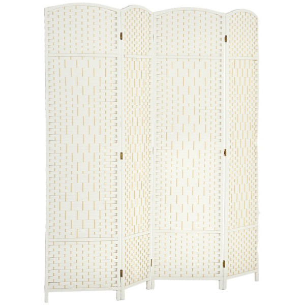 HOMCOM Raumteiler, 4-teilig faltbare Trennwand, Geflechtmuster, Kiefernholz, Weiß, 830-816V01WT