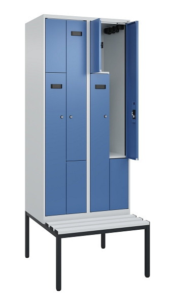 C+P Z-Spind Evolo PLUS, Bank, 4 Fächer, 2120x800x815mm, 7035/5023, Zylinderschloss, Sitzfläche Kunststoff, Sitzbank, 0490537-224 S10089