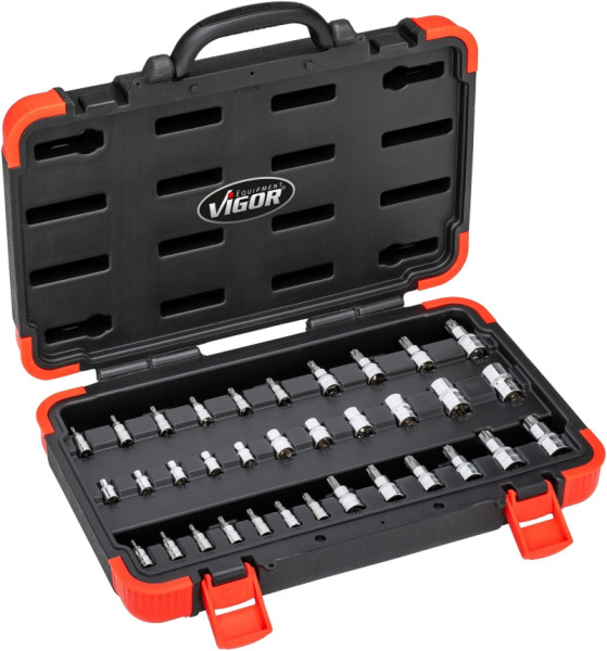 VIGOR T Steckschlüsseleinsatz Satz, 1/4 Zoll Vierkant, 3/8 Zoll Vierkant, 1/2 Zoll Vierkant, 34-teilig, E4 – E20, T8 – T60, T9H – T55H, V1781N