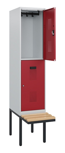C+P Doppelstock-Spind Evolo PLUS, Bank, 2 Fächer, 1950x400x815mm, 7035/3003, Zylinderschloss, Sitzfläche Buche-Hartholz, 0493405-12 S10026