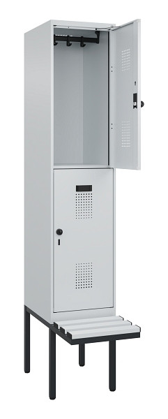 C+P Doppelstock-Spind Evolo PLUS, Bank, 2 Fächer, 2120x400x815mm, 7035/7035, Drehriegel, Sitzfläche Kunststoff, 0493407-12 S10094