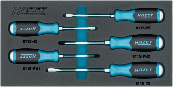 Hazet Schraubendreher Satz, mit Schlagkappe, Kreuzschlitz Profil PH, Schlitz Profil, 5-teilig, 0,8 x 4,5 – 1,2 x 7, PH1 – PH2, 163-264/5N
