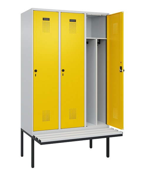 C+P Spind Evolo PLUS, 3 Abteile, 2120x1200x815mm, 7035/1023, Haken 4, Drehriegel, Sitzfläche Kunststoff, Trennwand, 0490407-32F S10055