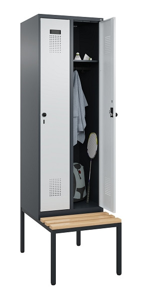 C+P Spind Evolo PLUS, 2 Abteil, 2120x600x815mm, 7016/7035, Drehriegel, Sitzfläche Buche-Hartholz, Sitzbank, 0490507-20 S10017