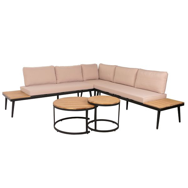 Mendler Garten-Garnitur HWC-H54c, Lounge-Set, Beistelltisch Spun Poly Akazie Holz Stahl, hellbraun, Kissen beige, 106218+106219