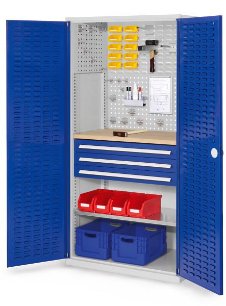 Kappes RasterPlan Schubladenschrank, Modell 25, RAL 7035/5010, Türinnenseite: Schlitzplatten 1950 x 1000 x 600 mm, 3 Schubladen H 100 mm, 1460.05.4016