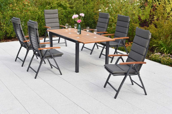 Merxx Tinos Set 13-teilig, 6 Tinos Klappsessel, Holzoptik, 6 Auflagekissen grau, 1 Tisch 150 (200) x 90 cm, Tischplatte Akazienholz, 50401-800