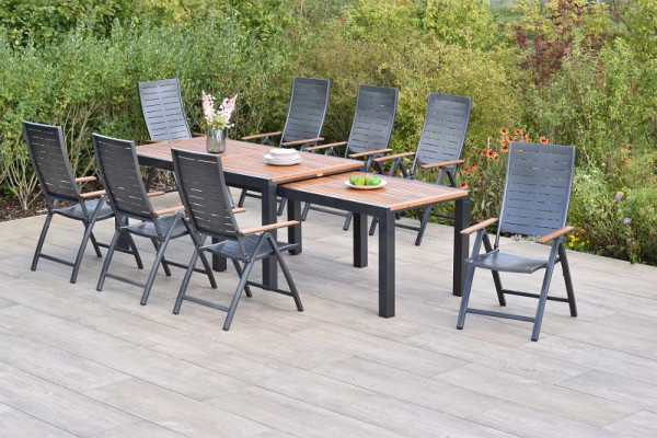 Merxx Tinos Set 9-teilig, 8 Tinos Klappsessel, 1 Flex Ausziehtisch 180/180 x 100/83 x 80/74 cm, Tischplatte aus Akazienholz, 50809-217