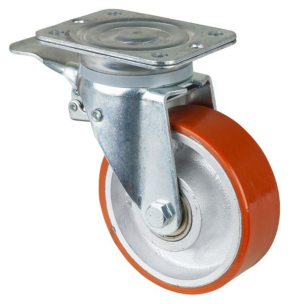 BS Rollen Schwerlastrolle mit Feststeller, Breite 50 mm, Ø150 mm, bis 600 kg, Guss-Polyurethan 95 Shore A, Radkörper Guss, Kugellager, N120.C10.154