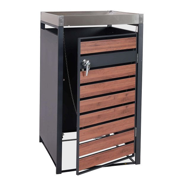 Mendler 1er Mülltonnenverkleidung mit Pflanzkasten HWC-J81, erweiterbar, 125x68x80cm Metall 31kg, anthrazit, Kirsche-Holzoptik, 101304