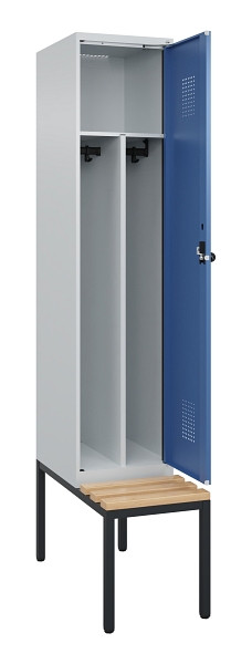 C+P Spind Evolo PLUS, 1 Abteile, 2120x400x815mm, 7035/5023, Haken 4, Drehriegel, Sitzfläche Buche-Hartholz, Sitzbank, Trennwand, 0490507-12F S10008