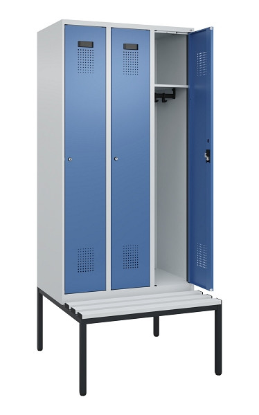 C+P Spind Evolo PLUS, 3 Abteile, 2120x900x815mm, 7035/5023, Haken 3, Zylinderschloss, Sitzfläche Kunststoff, Sitzbank, 0490507-30 S10089