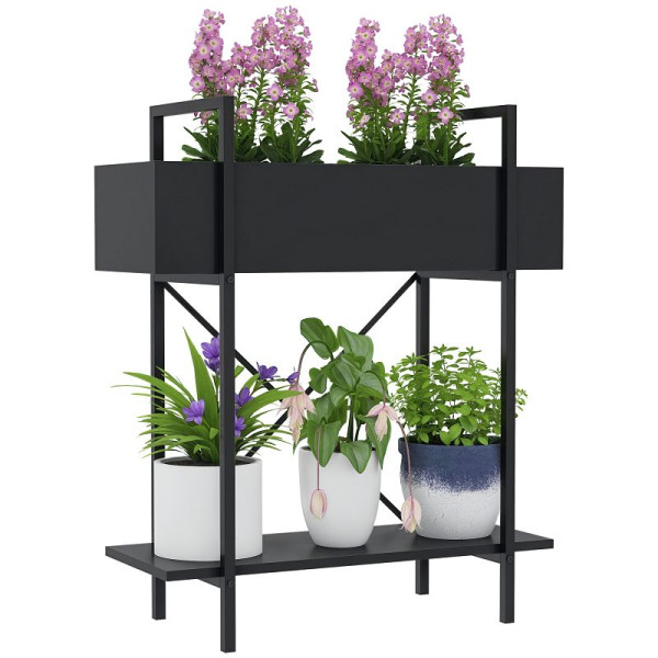 Outsunny Pflanzenständer, Blumentopfständer mit 2 Ebenen, Ablauflöcher, für drinnen und draußen, Metall, Schwarz, 84H-148V00BK