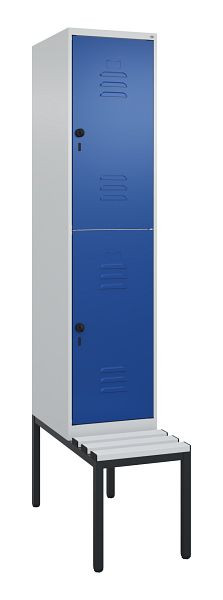 C+P Doppelstöckiger Spind Classic PLUS, Bank, 2120x400x815mm, 7035/5010, Drehriegel, mit untergebauter Sitzbank, 0803507-12 S10108