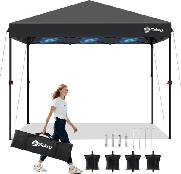 Sekey One-Touch Pop Up Pavillon 3 x 3 m wasserdicht stabil winterfest, klappbar für Camping Festival, schwarz, ohne Seitenwände, GZ21