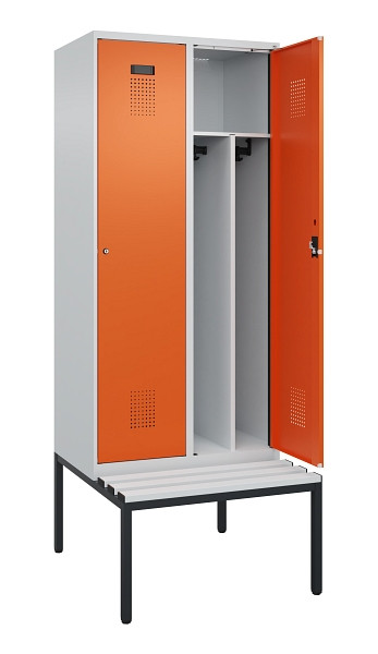 C+P Spind Evolo PLUS, 2 Abteile, 2120x800x815mm, 7035/2004, Haken 4, Zylinderschloss, Sitzfläche Kunststoff, Sitzbank, Trennwand, 0490507-22F S10083