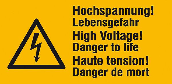 SafetyMarking Warn-Kombischild, Hochspannung Lebensgefahr, 3-sprachig (D/GB/F), BxH 6,5x3,2 cm, Folie, selbstklebend, VE: 6 Stück/Bogen, 30.0594
