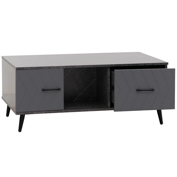 Mendler Couchtisch HWC-N89, Sofatisch, Schubladen Türen Fächer Fischgrätenmuster Melamin Holz, 42x103x60cm, Marmor-Optik grau, 109694