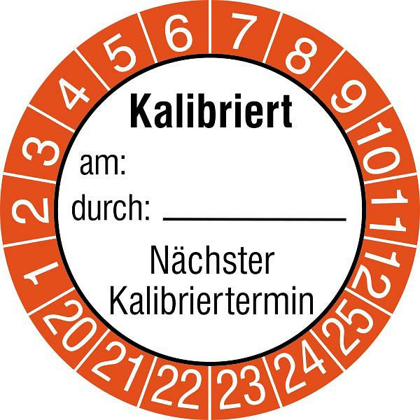 SafetyMarking Prüfplakette, Kalibriert am: durch:, Nächster Kalibriertermin, Prüfzeitraum: 20-25, Ø 3 cm, Folie, VE: 15 Stück/Bogen, 30.0826-20-25