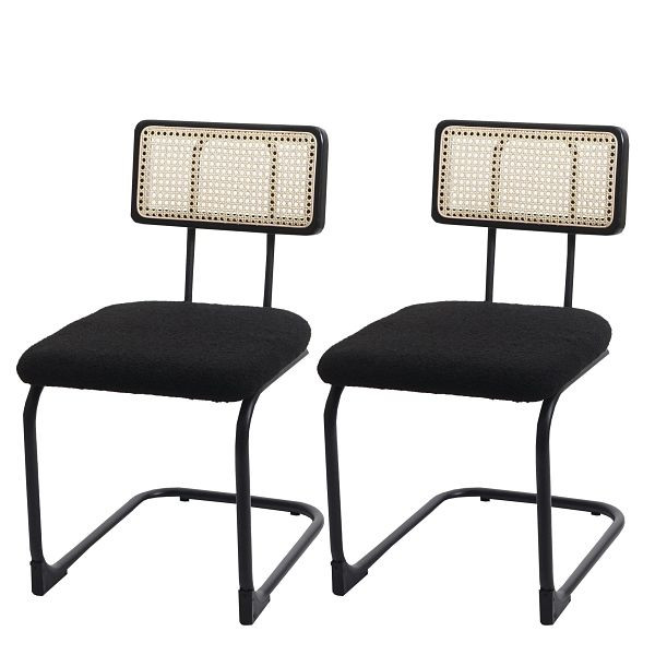 Mendler 2er-Set Freischwinger-Stuhl HWC-K88, Stuhl Lehnstuhl, Holz Rattan Metall Bouclé, Stoff/Textil schwarz, 97713