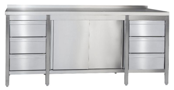 A&S Gastro Arbeitsschrank mit Schubladenblock links & rechts, mit Aufkantung, Abmessungen: 1800x600x850 mm, ARSASLR186