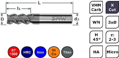 SPPW Micro-Schaftfräser VHM+X.Cut H45° L: 39x1,5 z:2 d3 Ø0,60, 6785300060