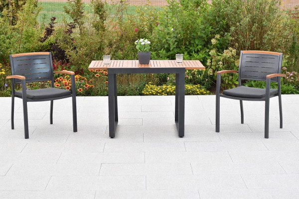 Merxx Tinos Set 5-teilig, 2 Tinos Stapelsessel, 2 Kissen, grau, mit Befestigungsbändchen, 1 Ausziehtisch 150 (200) x 90 cm, 50987-800