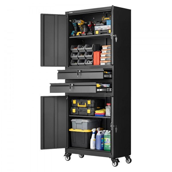 VEVOR Garagenschrank, 4 Türen 2 Schubladen 4 Rollen 2 Regalböden, 1905mm hoch, 81,5kg belastbar, Schwarz, CKCWJGJDCTYBX5J7E001V0