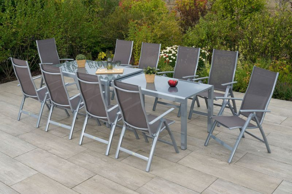 Merxx Carrara Set 11-teilig, 10 Klappsessel, 1 Flex Ausziehtisch, 160/160 x 78/75 x78/74,5 cm, Silber/taupe, 50698-325