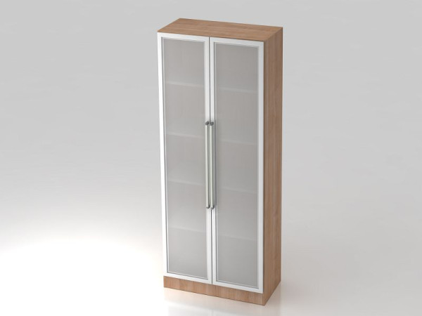 Hammerbacher Glastürenschrank 5OH, Sockelblende, Chromgriff Nussbaum/Silber, 80x42x200,4 cm (BxTxH), V7100G/N/S/CE