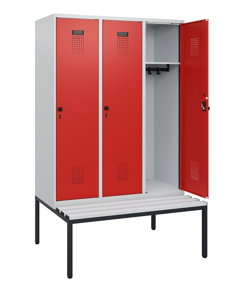C+P Spind Evolo PLUS, 3 Abteile, 1950x1200x815mm, 7035/3020, Drehriegel, Sitzfläche Kunststoff, Sitzbank, 0490505-32 S10059