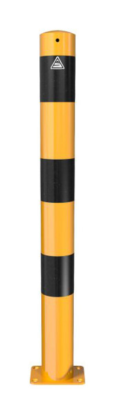 Schake Absperrpfosten Stahlrohr Ø 89 x 2,9 mm gelb / schwarz, ortsfest, für Dübel Befestigung mit Bodenplatte 100 x 150 mm, ohne Öse, 489PBG