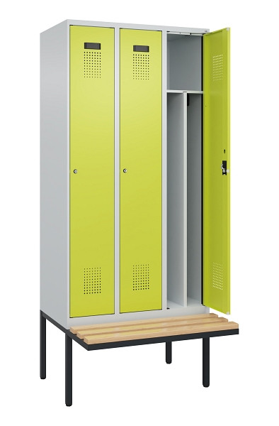 C+P Spind Evolo PLUS, 3 Abteile, 2120x900x815mm, 7035/0024, Haken 4, Zylinderschloss, Sitzfläche Holz, 0490407-30F S10042