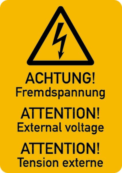 Schilder Klar Maschinenkennzeichnung Fremdspannung (3-sprachig), 37x52 mm Folie selbstklebend, 7542/61