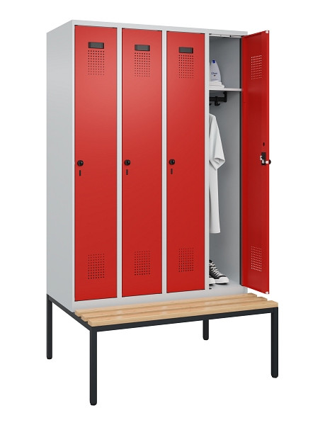 C+P Spind Evolo PLUS, 4 Abteile, 2120x1200x815mm, 7035/3020, Haken 3, Drehriegel, Sitzfläche Buche-Hartholz, Sitzbank, 0490507-40 S10005